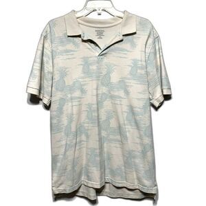 Merona Polo Classic Fit Cotton Shirt Cream & Blue Pineapples Collar Men sz Large
